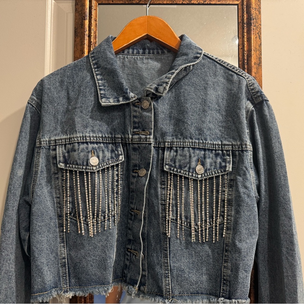 Denim Jacket with Pearl Fringe